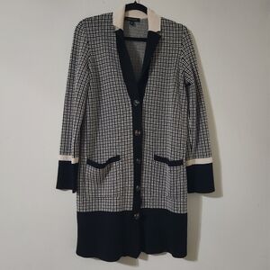 Ann Taylor Black cream button up duster Cardigan medium colorblock plaid